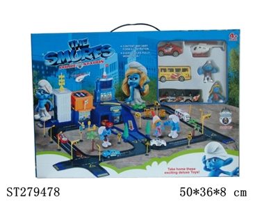 警察轨道停车场（配2只蓝精灵，1只滑行塑料车，1只塑料飞机，2只巴士) - ST279478
