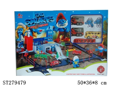 消防轨道停车场（配2只蓝精灵，2只回力塑料车，2只巴士) - ST279479